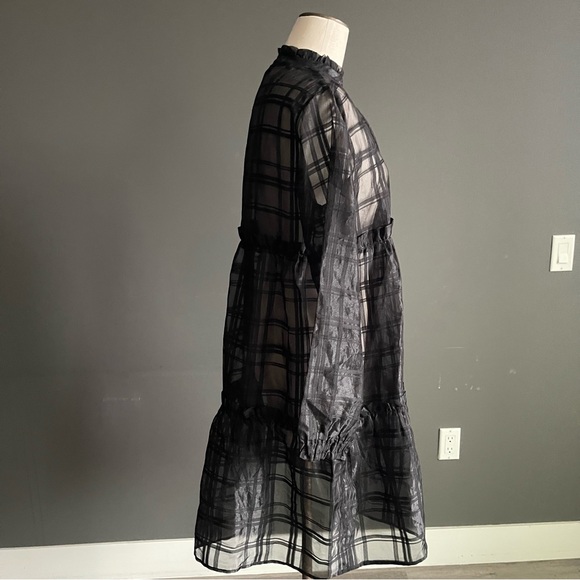 OBJECT Sheer Plaid Tiered Midi Dress Black Long Sleeve Art Deco Avant Garde - Picture 6 of 8